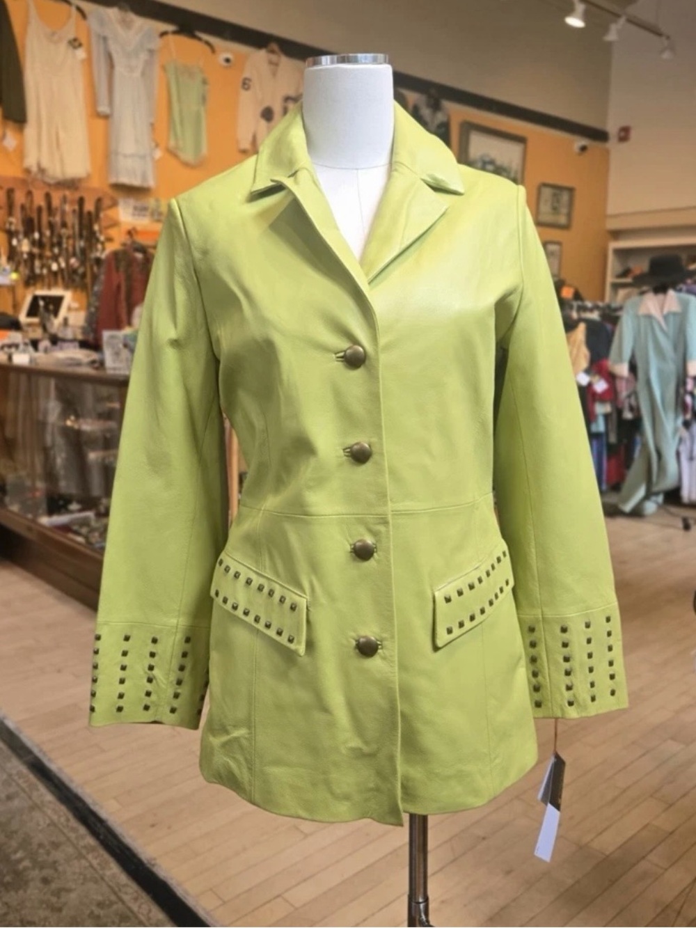 Terry Lewis Vintage Y2K Chartreuse Leather Blazer with Stud Trim